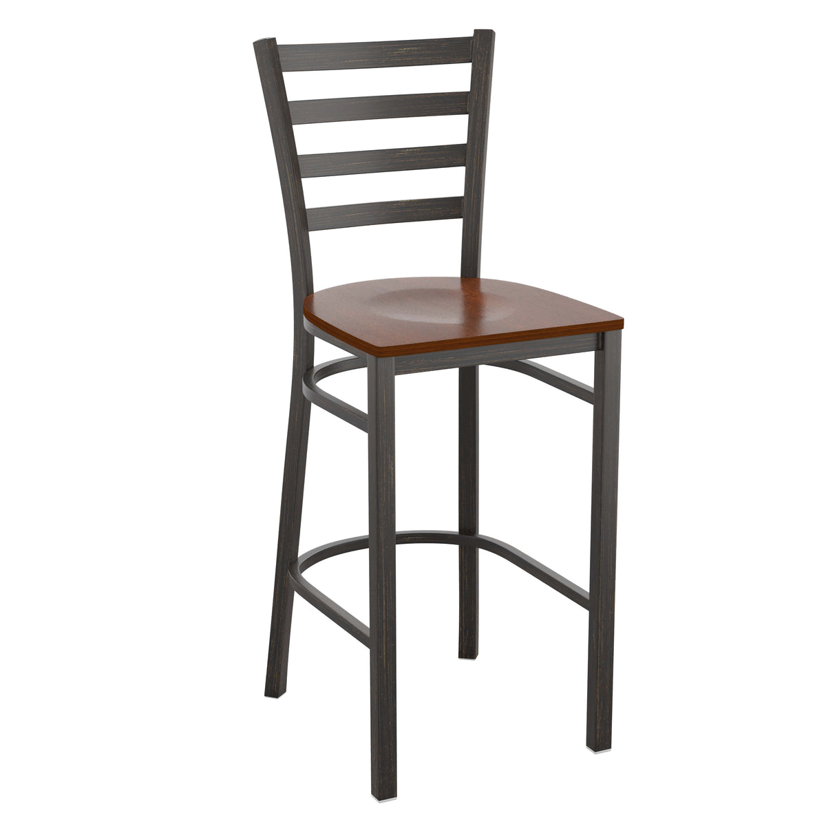 Cherry Wood Seat/Distressed Gold Metal Frame |#| Distressed Gold Ladder Back Metal Restaurant Barstool - Cherry Wood Seat