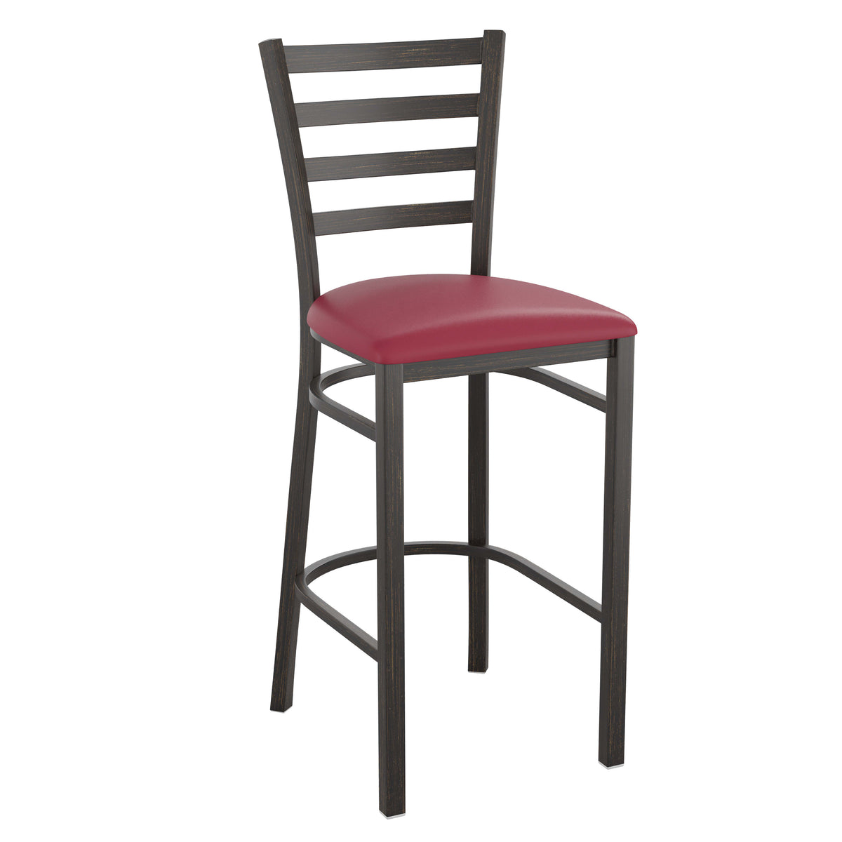 Burgundy Vinyl Seat/Distressed Gold Metal Frame |#| Distressed Gold Ladder Back Metal Restaurant Barstool - Burgundy Vinyl Seat