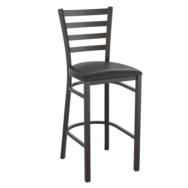 Black Vinyl Seat/Distressed Gold Metal Frame |#| Distressed Gold Ladder Back Metal Restaurant Barstool - Black Vinyl Seat