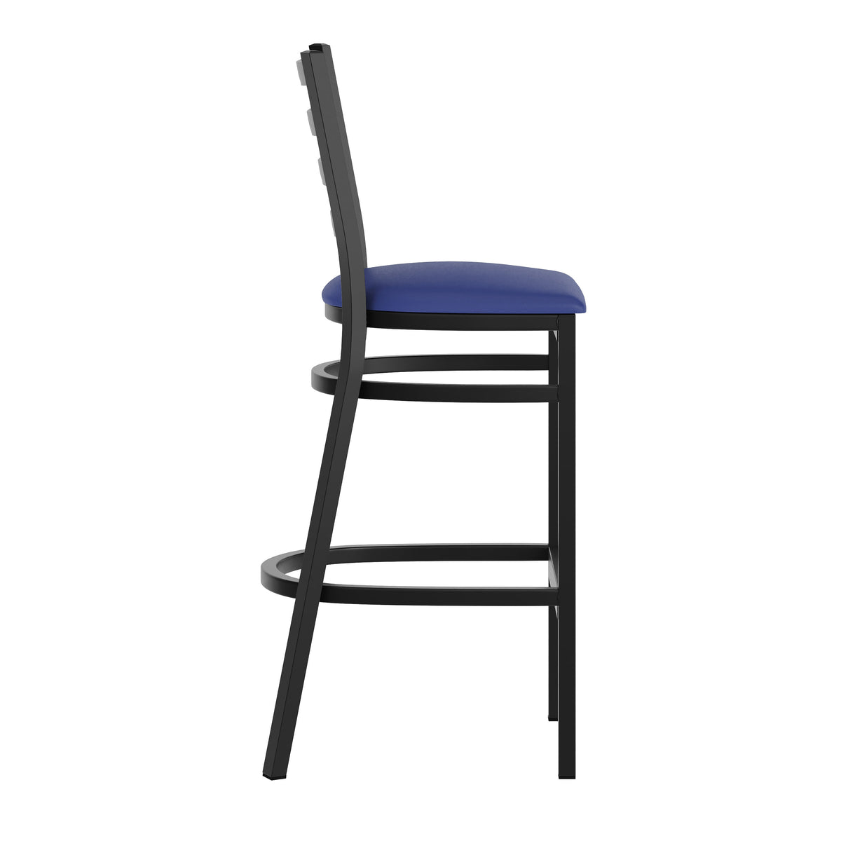 Blue Vinyl Seat/Black Metal Frame |#| Black Ladder Back Metal Restaurant Barstool - Blue Vinyl Seat