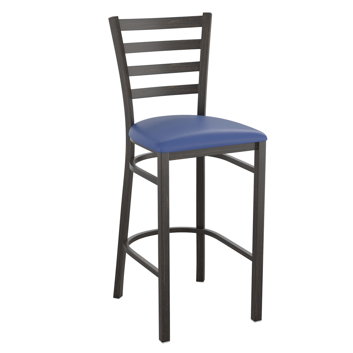 Blue Vinyl Seat/Distressed Gold Metal Frame |#| Distressed Gold Ladder Back Metal Restaurant Barstool - Blue Vinyl Seat