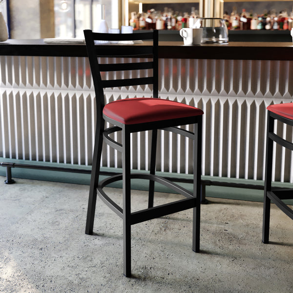 Red Vinyl Seat/Black Metal Frame |#| Black Ladder Back Metal Restaurant Barstool - Red Vinyl Seat