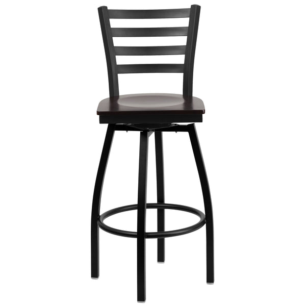 Walnut Wood Seat/Black Metal Frame |#| Black Ladder Back Swivel Metal Barstool - Walnut Wood Seat