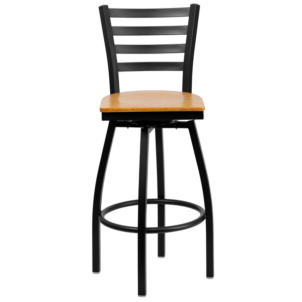 Natural Wood Seat/Black Metal Frame |#| Black Ladder Back Swivel Metal Barstool - Natural Wood Seat