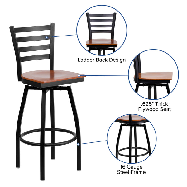 Cherry Wood Seat/Black Metal Frame |#| Black Ladder Back Swivel Metal Barstool - Cherry Wood Seat