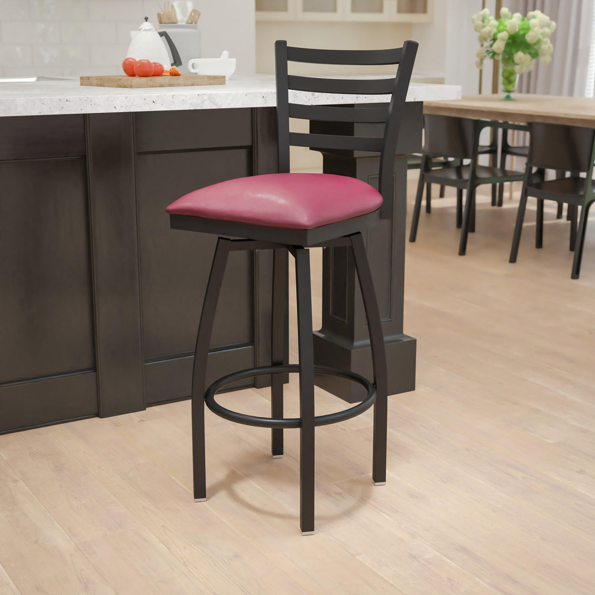 Burgundy Vinyl Seat/Black Metal Frame |#| Black Ladder Back Swivel Metal Barstool - Burgundy Vinyl Seat