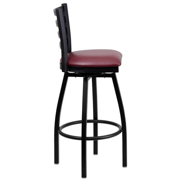 Burgundy Vinyl Seat/Black Metal Frame |#| Black Ladder Back Swivel Metal Barstool - Burgundy Vinyl Seat