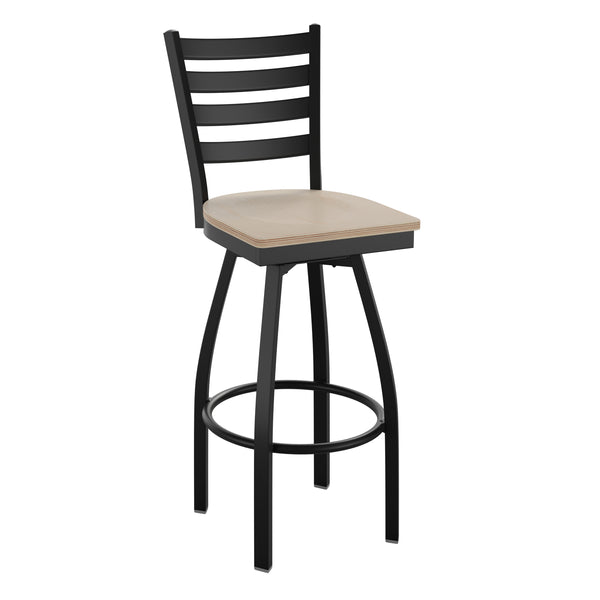 Antique White Wood Seat/Black Metal Frame |#| Black Ladder Back Swivel Metal Barstool - Antique White Wood Seat