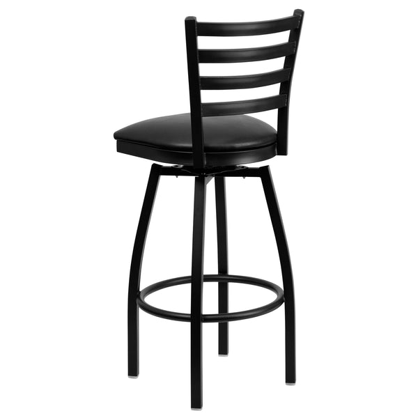 Black Vinyl Seat/Black Metal Frame |#| Black Ladder Back Swivel Metal Barstool - Black Vinyl Seat