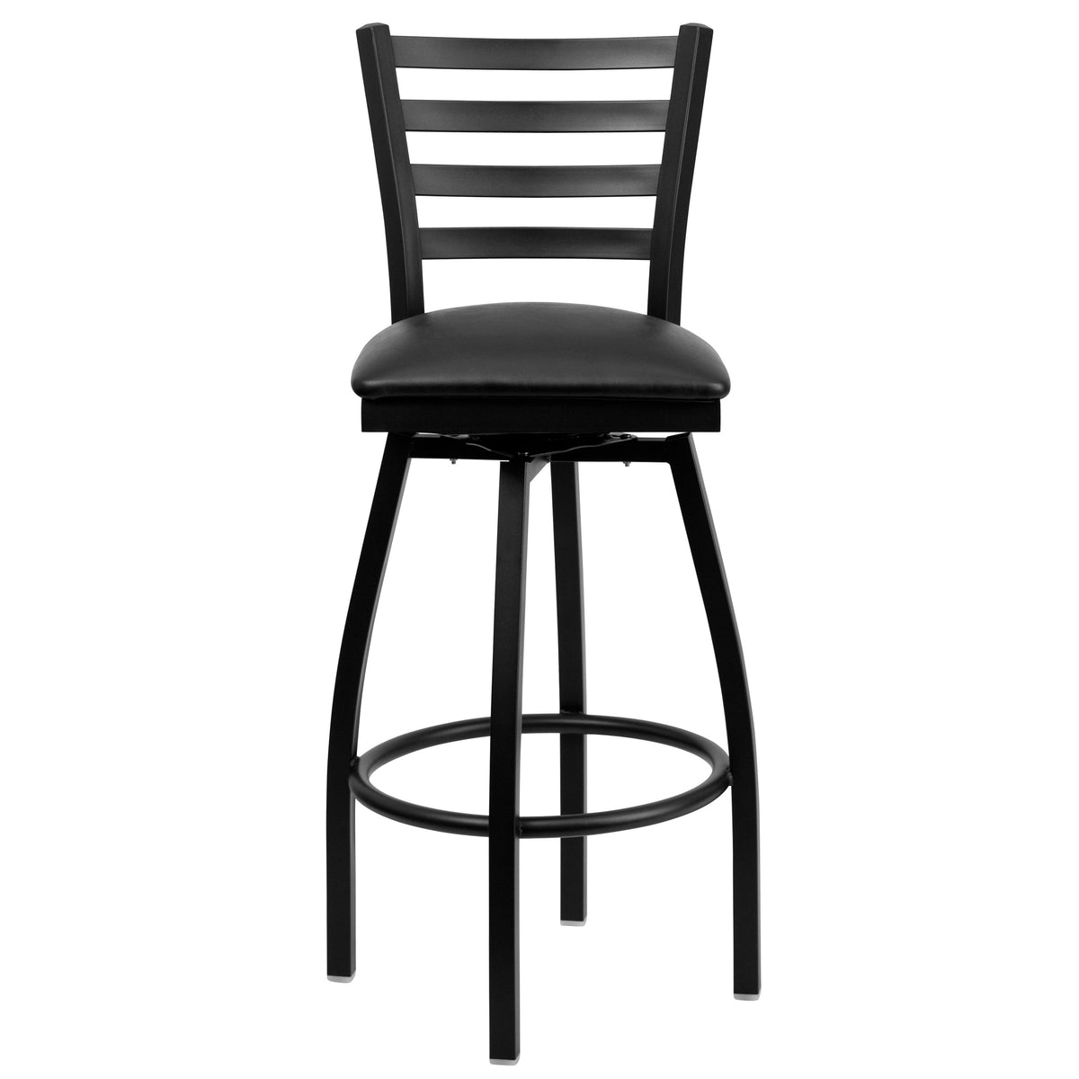 Black Vinyl Seat/Black Metal Frame |#| Black Ladder Back Swivel Metal Barstool - Black Vinyl Seat