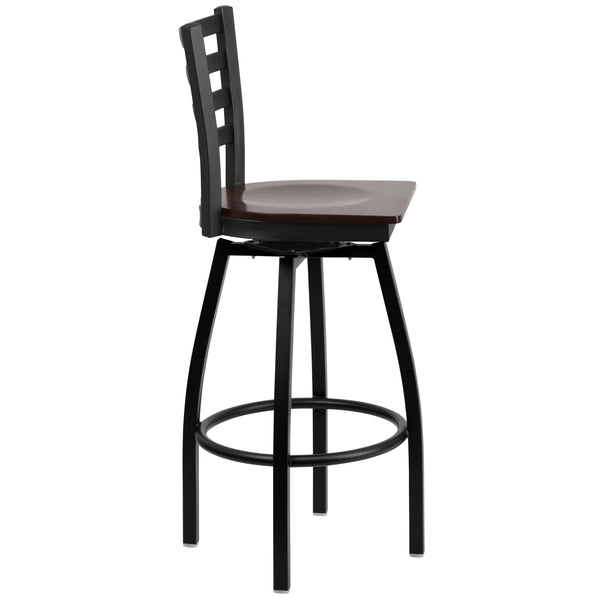 Walnut Wood Seat/Black Metal Frame |#| Black Ladder Back Swivel Metal Barstool - Walnut Wood Seat