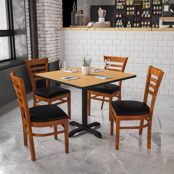 Black Vinyl Seat/Cherry Wood Frame |#| Ladder Back Cherry Wood Restaurant Chair - Black Vinyl Seat