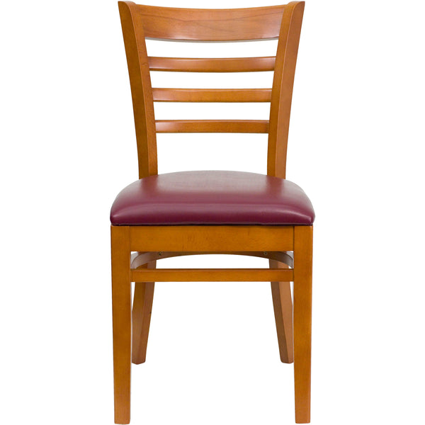 Burgundy Vinyl Seat/Cherry Wood Frame |#| Ladder Back Cherry Wood Restaurant Chair - Burgundy Vinyl Seat