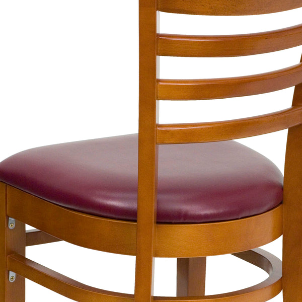 Burgundy Vinyl Seat/Cherry Wood Frame |#| Ladder Back Cherry Wood Restaurant Chair - Burgundy Vinyl Seat