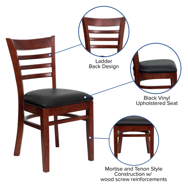 Black Vinyl Seat/Mahogany Wood Frame |#| Ladder Back Mahogany Wood Restaurant Chair - Black Vinyl Seat