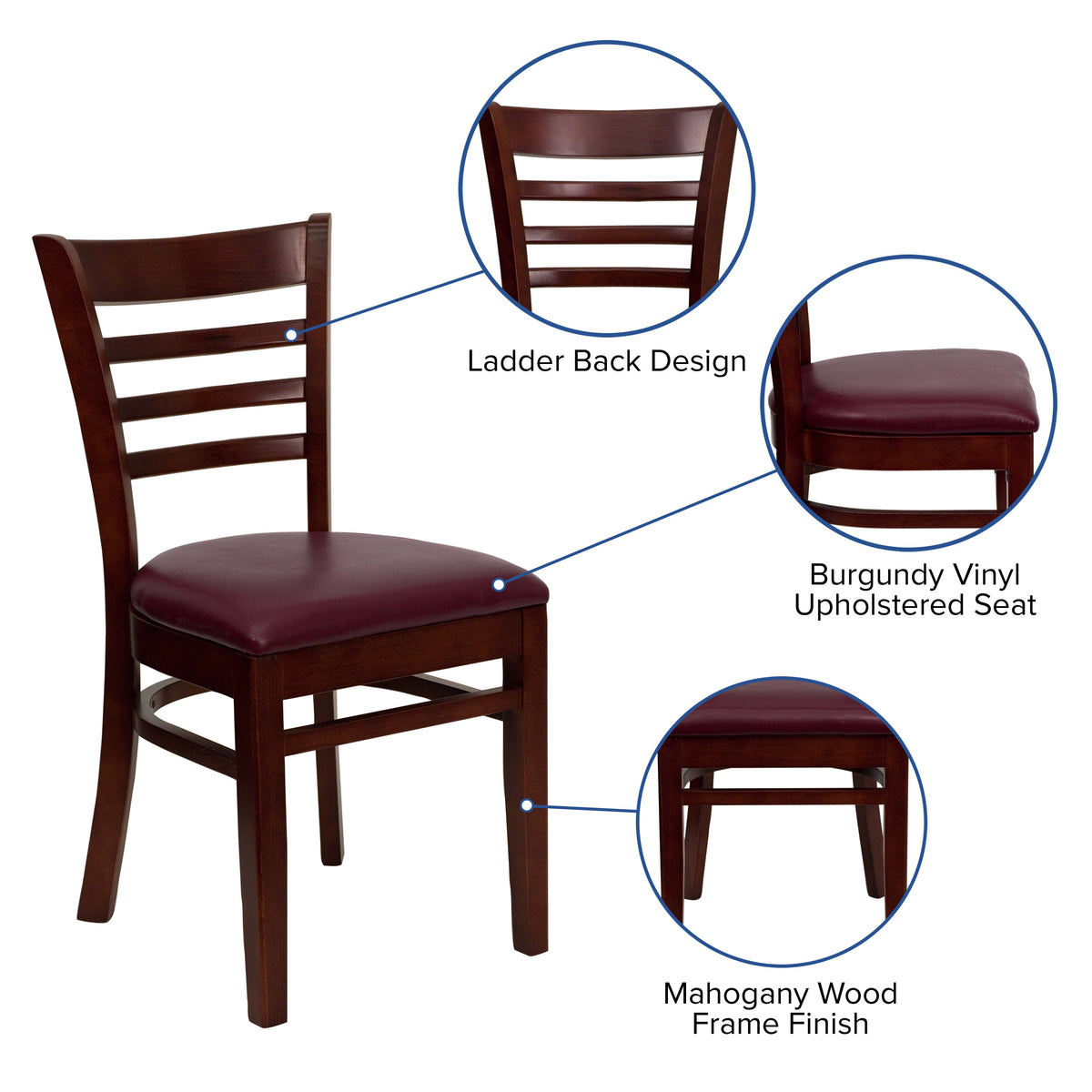 Burgundy Vinyl Seat/Mahogany Wood Frame |#| Ladder Back Mahogany Wood Restaurant Chair - Burgundy Vinyl Seat