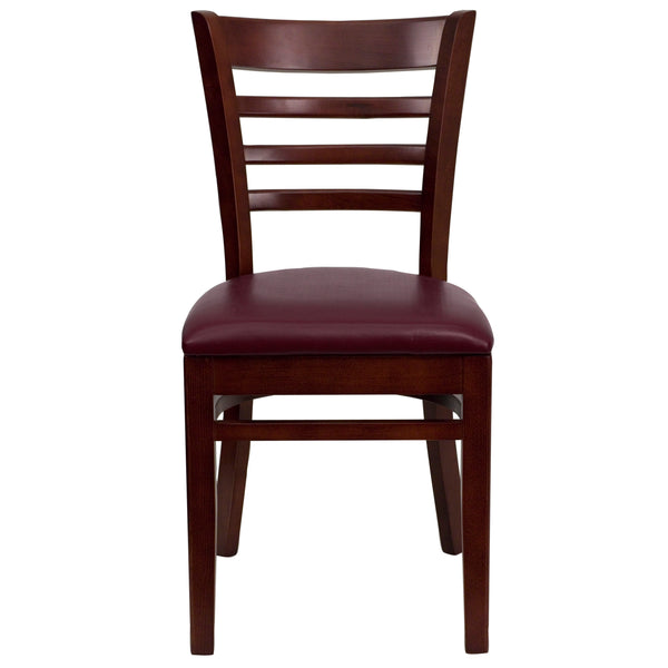 Burgundy Vinyl Seat/Mahogany Wood Frame |#| Ladder Back Mahogany Wood Restaurant Chair - Burgundy Vinyl Seat