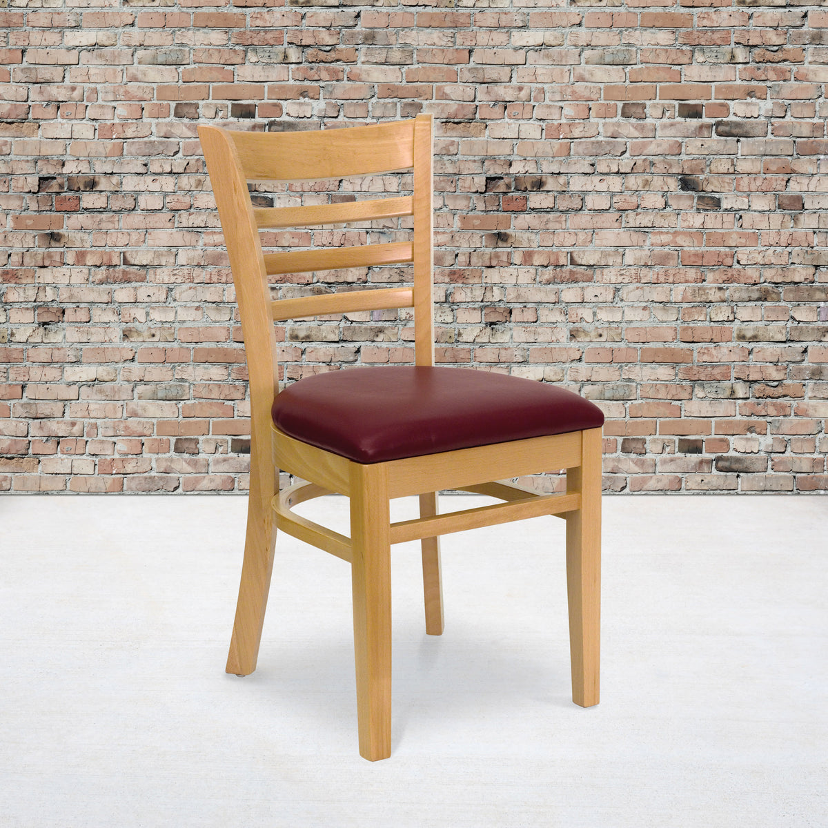 Burgundy Vinyl Seat/Natural Wood Frame |#| Ladder Back Natural Wood Restaurant Chair - Burgundy Vinyl Seat