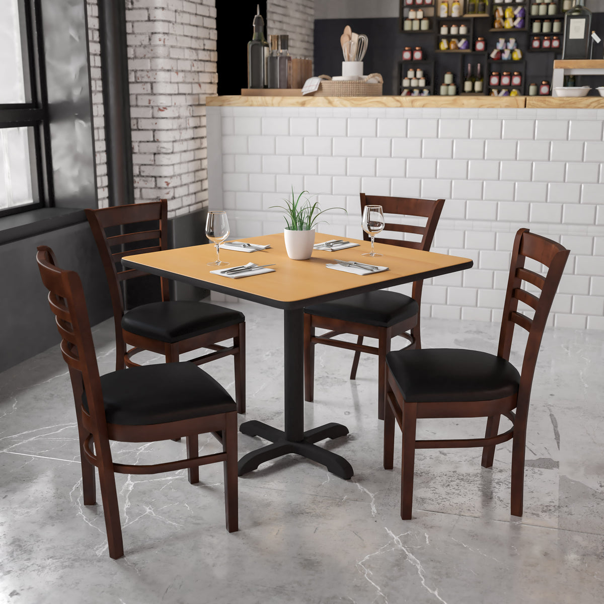 Black Vinyl Seat/Walnut Wood Frame |#| Ladder Back Walnut Wood Restaurant Chair - Black Vinyl Seat