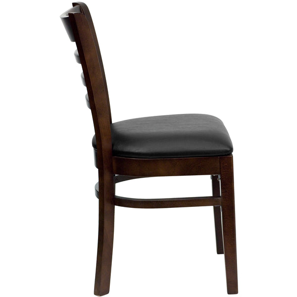 Black Vinyl Seat/Walnut Wood Frame |#| Ladder Back Walnut Wood Restaurant Chair - Black Vinyl Seat