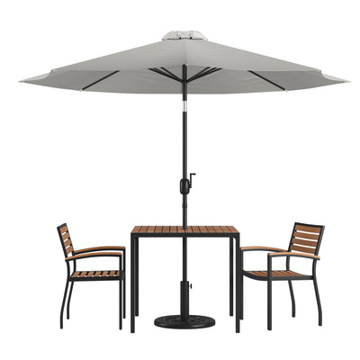 Lark 5 Piece Outdoor Patio Table Set with 2 Synthetic Teak Stackable Chairs, Lark 3Lark 5" Square Table & Umbrella with Base - View 1