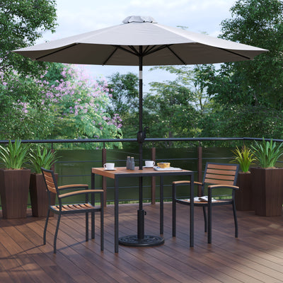 Lark 5 Piece Outdoor Patio Table Set with 2 Synthetic Teak Stackable Chairs, Lark 3Lark 5" Square Table & Umbrella with Base - View 2