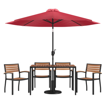 Lark 7 Piece Outdoor Patio Dining Table Set with 4 Synthetic Teak Stackable Chairs, Lark 30" x 48" Table & Umbrella with Base - View 1