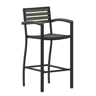 Lark Commercial Grade Bar Height Stool with Arms, All-Weather Outdoor Bar Stool with Faux Wood Poly Resin Slats and Aluminum Frame - View 1