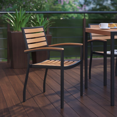 Lark Outdoor Stackable Faux Teak Side Chair - Commercial Grade Aluminum Patio Chair with Synthetic Teak Slats - View 2