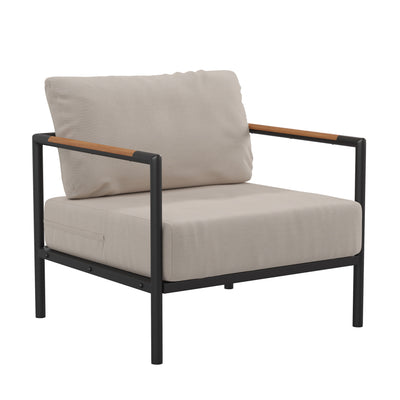 Lea Indoor/Outdoor Patio Chair with Cushions - Modern Aluminum Framed Chair with Teak Accented Arms - View 1
