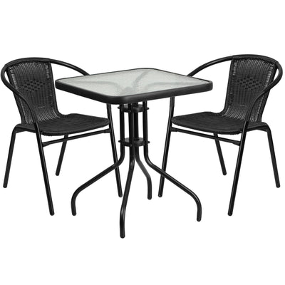Lila 23.5'' Square Glass Metal Table with 2 Rattan Stack Chairs - View 1