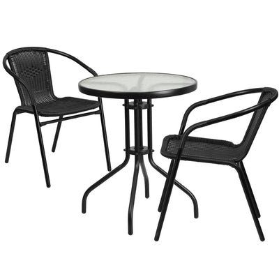 Lila 23.75'' Round Glass Metal Table with 2 Rattan Stack Chairs - View 1