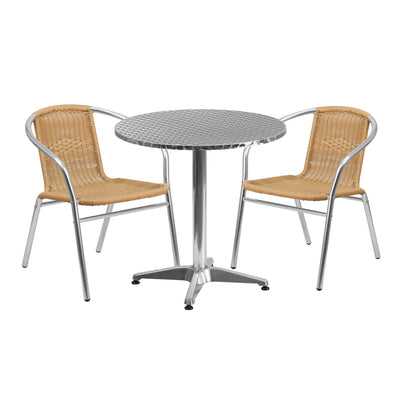Lila 27.5'' Round Aluminum Indoor-Outdoor Table Set with 2 Rattan Chairs - View 1