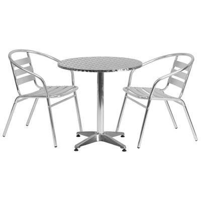 Lila 27.5'' Round Aluminum Indoor-Outdoor Table Set with 2 Slat Back Chairs - View 1