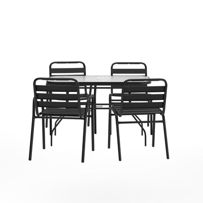 Lila 5 Piece Commercial Outdoor Patio Dining Set with Glass Patio Table, 2 Triple Slat Chairs and 2 Triple Slat Chairs with Arms