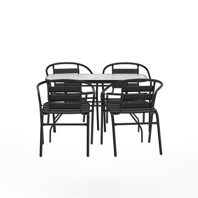 Lila 5 Piece Commercial Outdoor Patio Dining Set with Tempered Glass Patio Table with Umbrella Hole and 4 Triple Slat Chairs - View 1