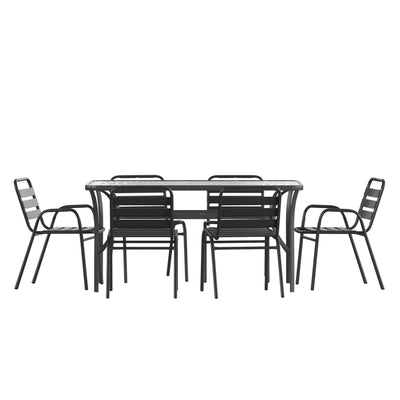 Lila 7 Piece Commercial Outdoor Patio Dining Set with Glass Patio Table, 4 Triple Slat Chairs, and 2 Triple Slat Chairs with Arms - View 1