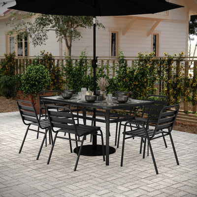 Lila 7 Piece Commercial Outdoor Patio Dining Set with Glass Patio Table, 4 Triple Slat Chairs, and 2 Triple Slat Chairs with Arms - View 2