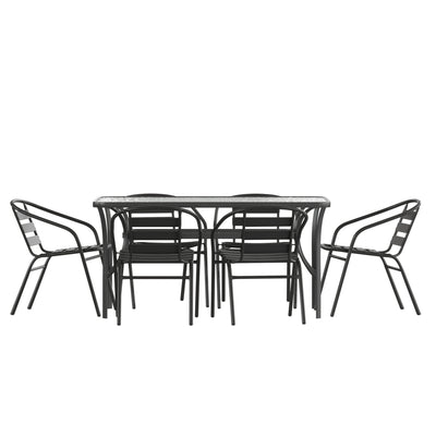 Lila 7 Piece Commercial Outdoor Patio Dining Set with Tempered Glass Patio Table with Umbrella Hole and 6 Triple Slat Chairs - View 1