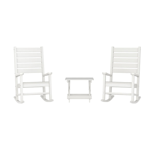 White |#| 3pc Commercial Indoor/Outdoor Set with 2 Rocking Chairs and End Table in White