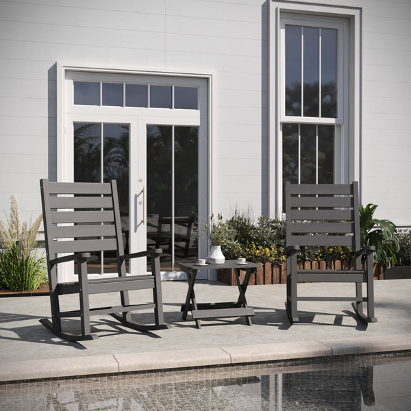 Gray |#| 3pc Commercial Indoor/Outdoor Set with 2 Rocking Chairs and End Table in Gray