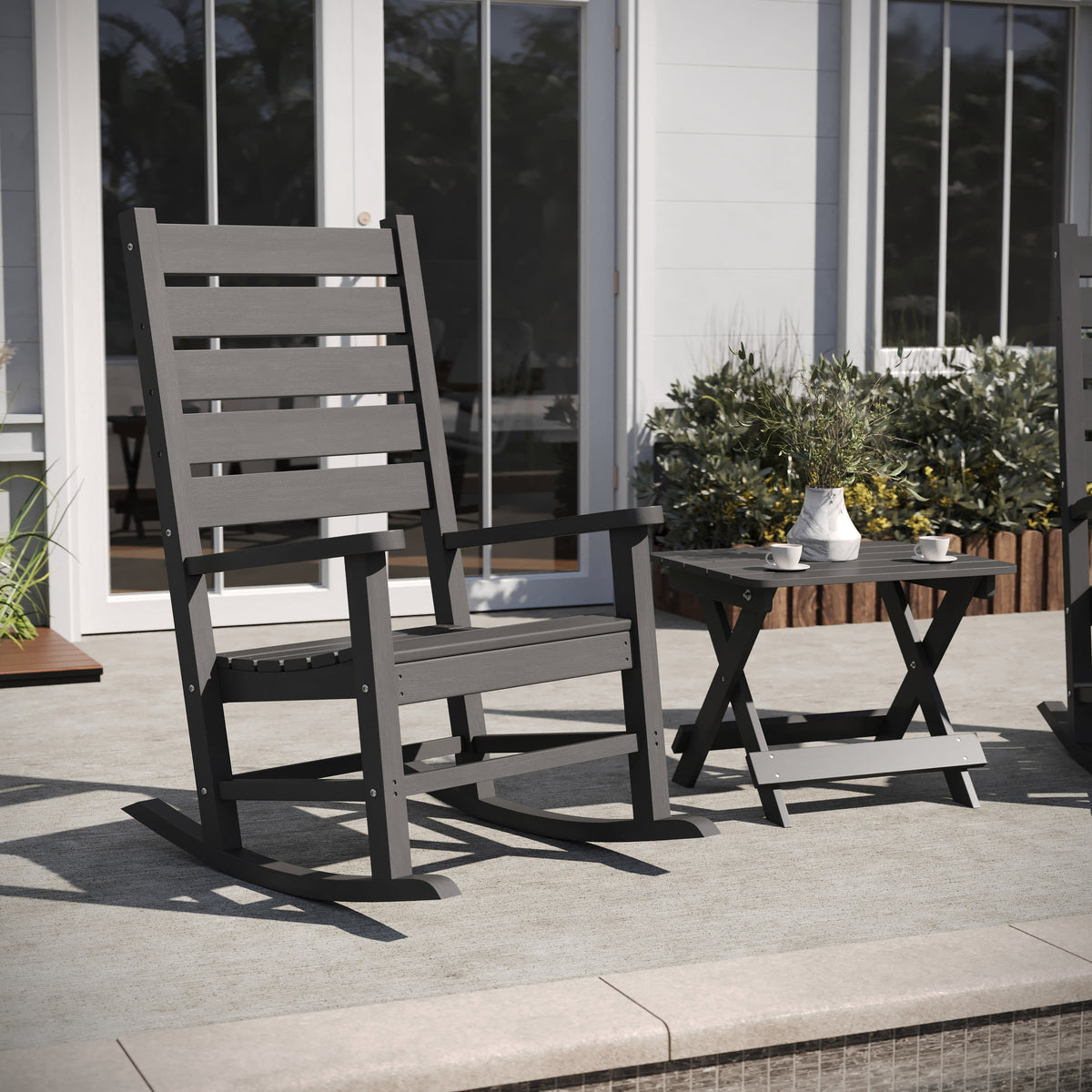Gray |#| 3pc Commercial Indoor/Outdoor Set with 2 Rocking Chairs and End Table in Gray