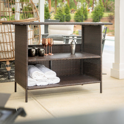 Marco Indoor/Outdoor Patio Wicker Rattan Bar Counter Table with 2 Shelves - View 2