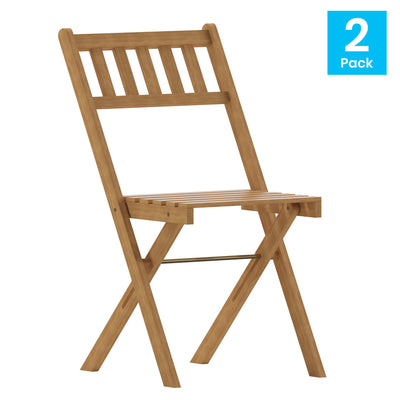Martindale Indoor/Outdoor Folding Acacia Wood Patio Bistro Chairs with X Base Frame and Slatted Back and Seat in Natural Finish, Set of 2 - View 2