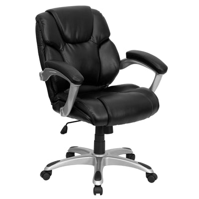 Mid-Back LeatherSoft Layered Upholstered Executive Swivel Ergonomic Office Chair with Silver Nylon Base and Arms - View 1