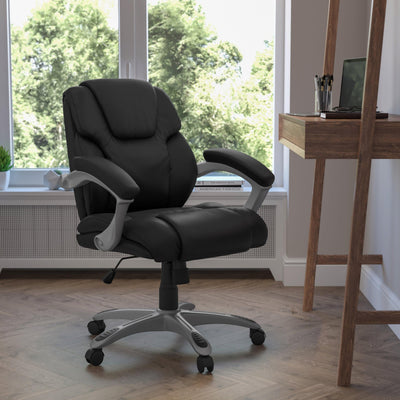 Mid-Back LeatherSoft Layered Upholstered Executive Swivel Ergonomic Office Chair with Silver Nylon Base and Arms - View 2