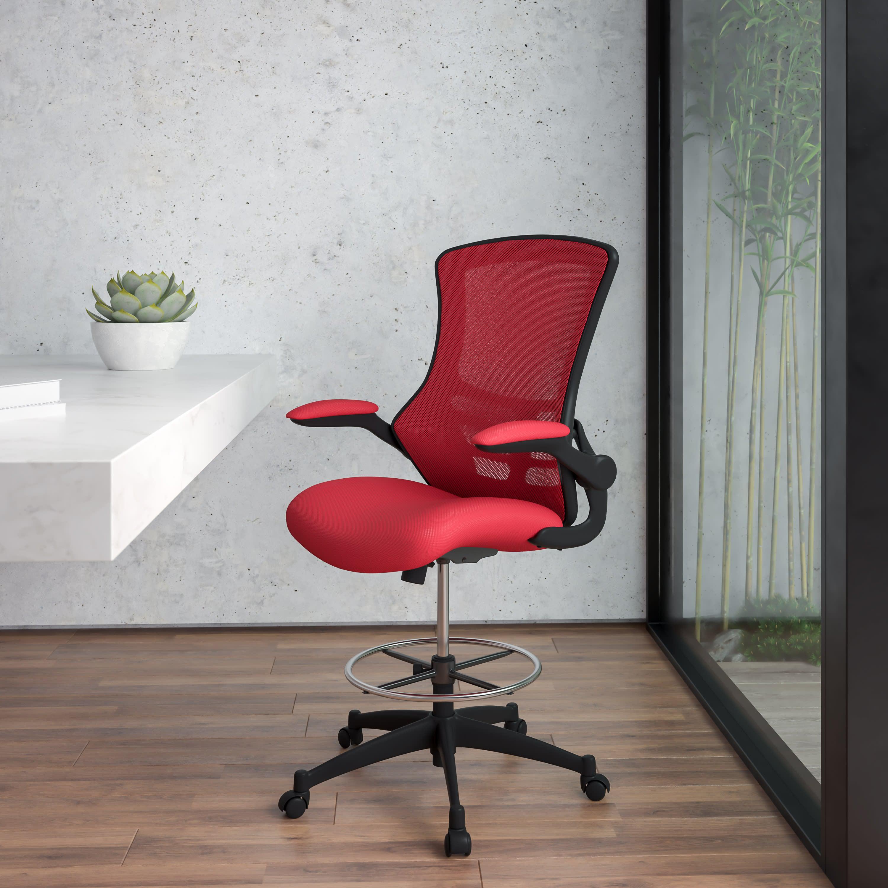 Mid-Back Mesh Ergonomic Drafting Chair with Adjustable Foot Ring and  Flip-Up Arms
