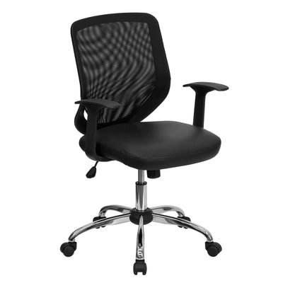Mid-Back Mesh Tapered Back Swivel Task Office Chair with LeatherSoft Seat, Chrome Base and T-Arms - View 1