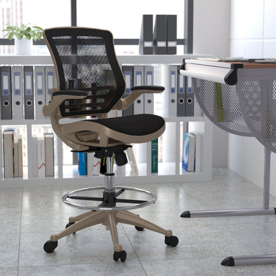 Mid-Back Transparent Mesh Drafting Chair with Flip-Up Arms - View 2