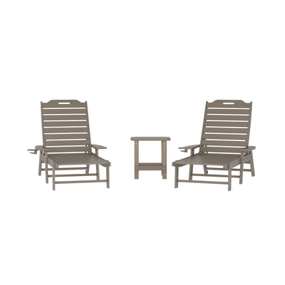 Monterey Commercial Grade 3-Piece Indoor/Outdoor Adirondack Set with 2 Adjustable HDPE Loungers with Cup Holders and 2-Tier Side Table